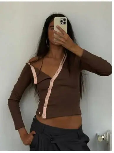Long Sleeve Top With Irregular Button Closure And Contrast Color