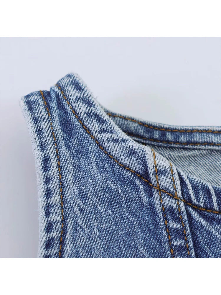 Casual Denim Mini Dress For Women Sleeveless Round Collar Single Breasted Slim Fit