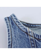 Casual Denim Mini Dress For Women Sleeveless Round Collar Single Breasted Slim Fit