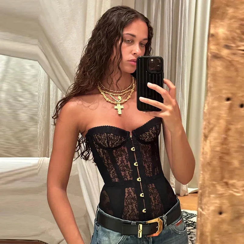 Sexy Lace Corset Strapless Top Hollow Sleeveless Vest