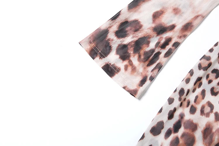 Leopard Print See Through Maxi Dress With O Neck Long Sleeves Backless Cross Bandage Detail