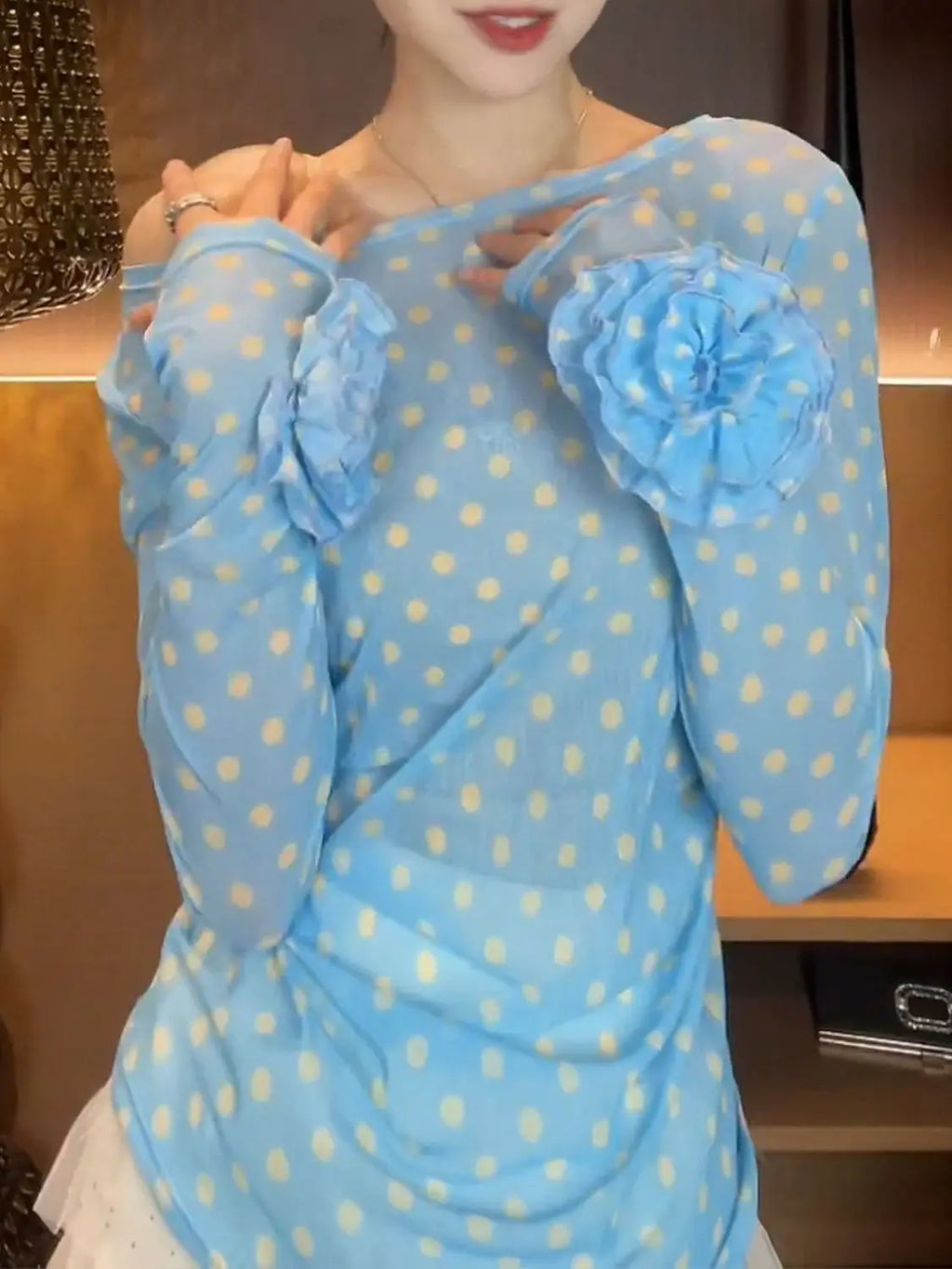 Breezy Ocean Blue Polka Dot Sheer Blouse With Long Sleeves And Boat Neck