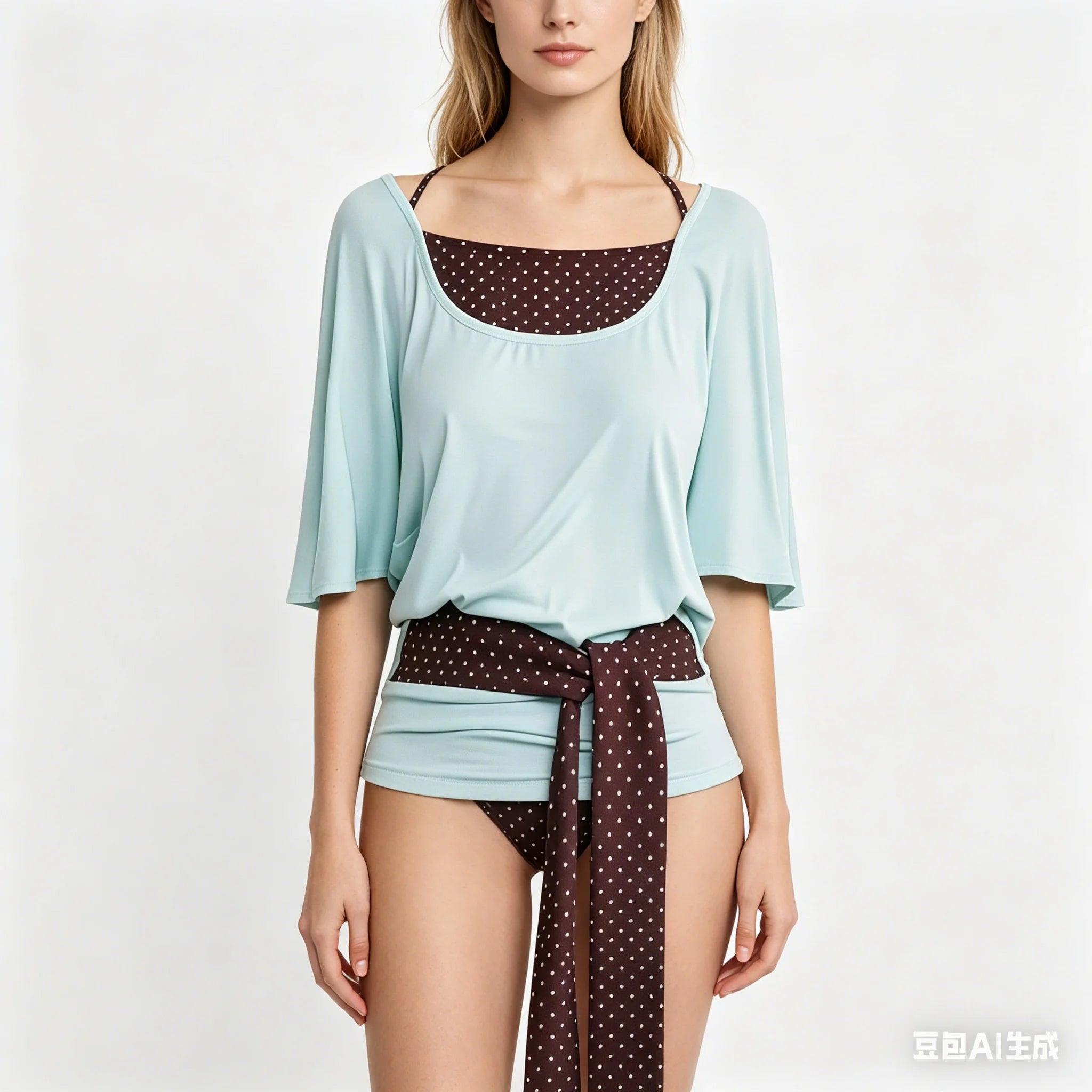 Mint Green Layered T Shirt With Polka Dot Overlay Three Quarter Sleeves