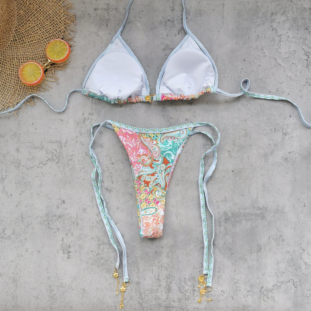 Retro Green Floral Bikini Set With Push Up Top And Cheeky Thong Bottom