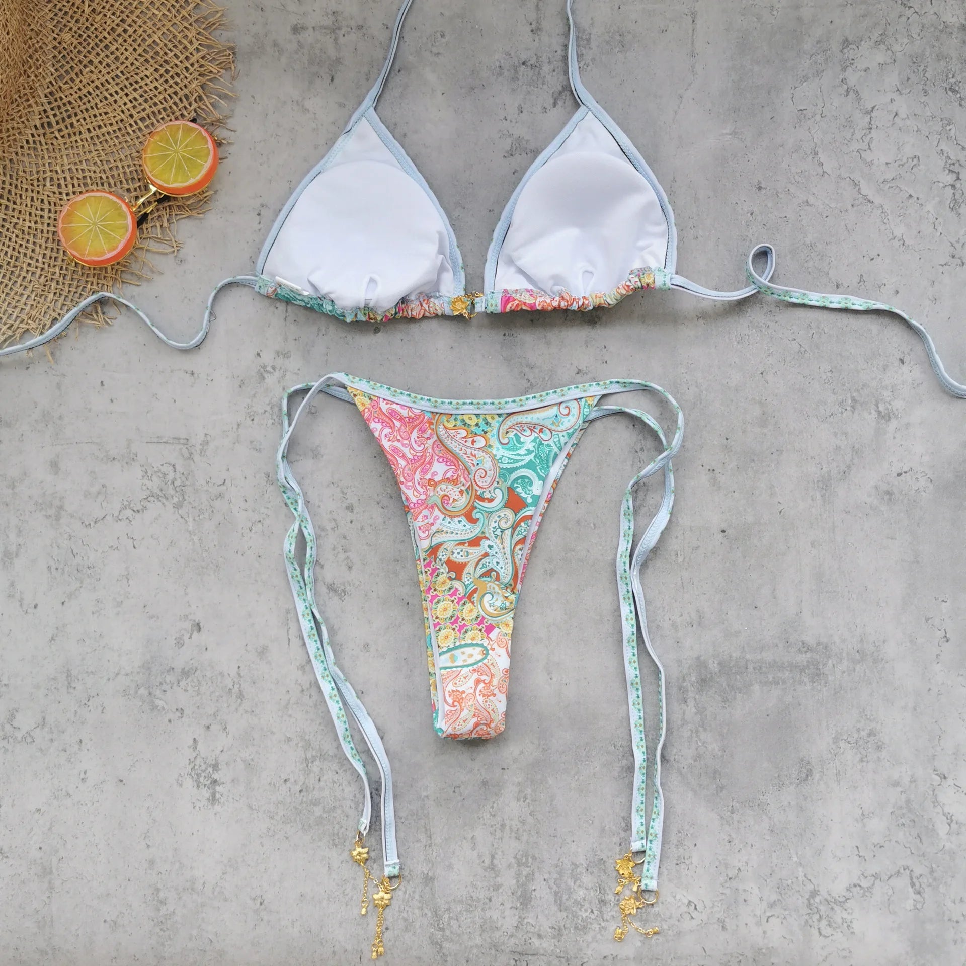 Retro Green Floral Bikini Set With Push Up Top And Cheeky Thong Bottom