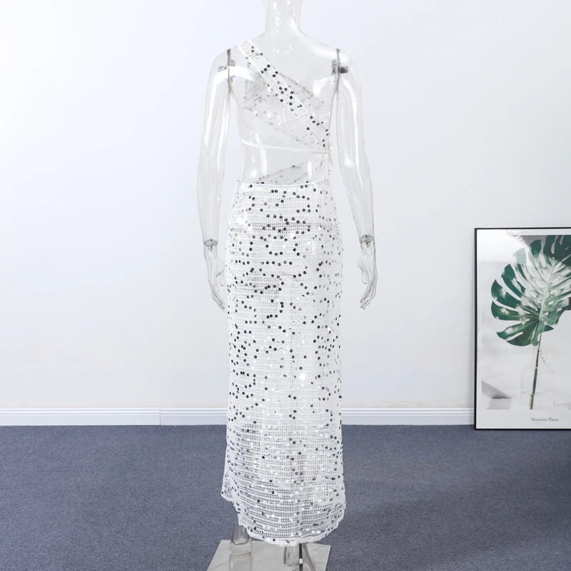 Sexy Sequin Hollow Out Knit Maxi Dress With One Shoulder Front Split Gown