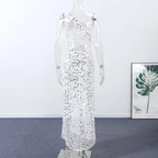 Sexy Sequin Hollow Out Knit Maxi Dress With One Shoulder Front Split Gown