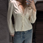 Lace Splicing Female Chic Bow Lace-up V Neck Short Sleeve Shirt