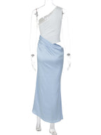 One Shoulder Backless Patchwork Maxi Dress With Sleek