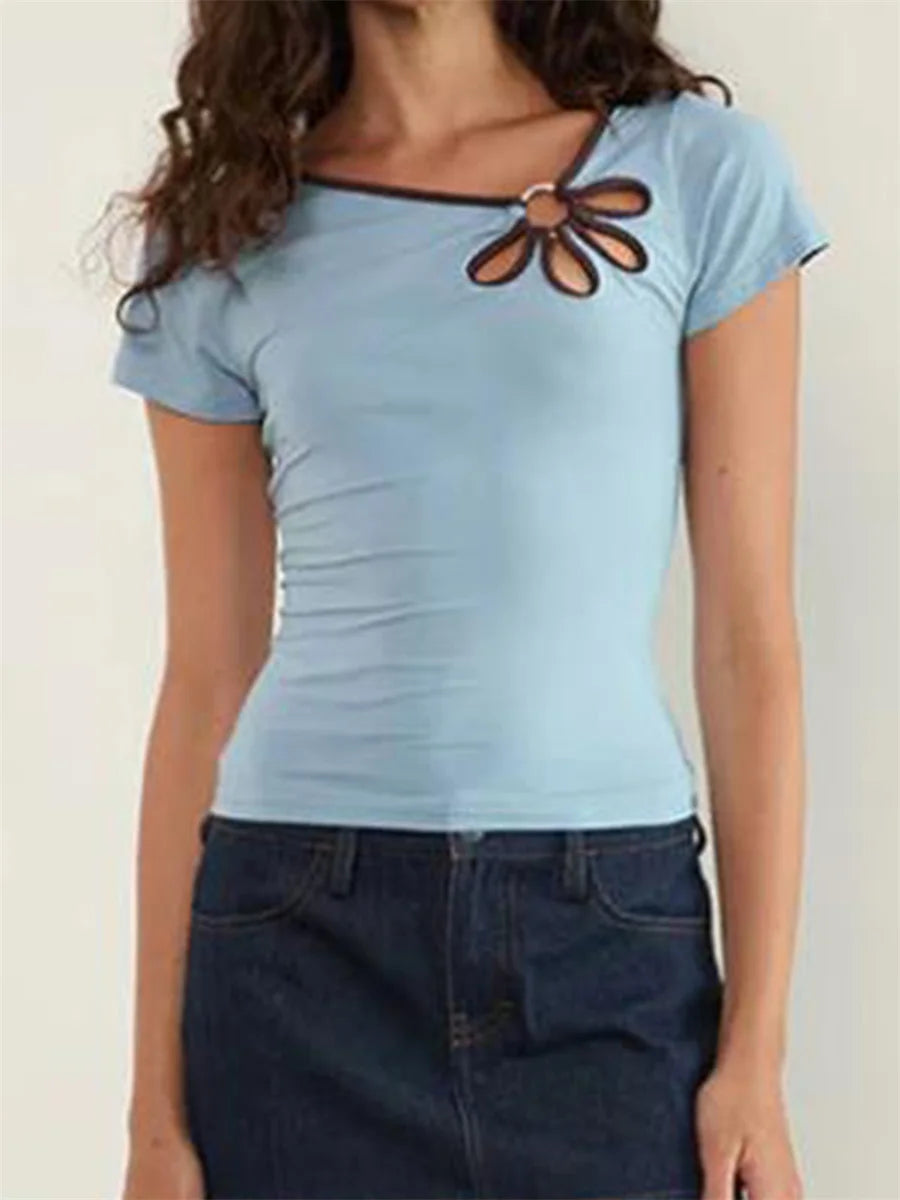 Nostalgic Streetwear Tee With Hollow Flower Cutout Slim Fit Half Sleeve For Women