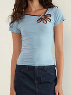 Nostalgic Streetwear Tee With Hollow Flower Cutout Slim Fit Half Sleeve For Women