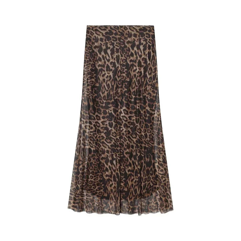 Vintage Leopard Print Mesh Long Skirt With Empire Waist Flowy Tulle