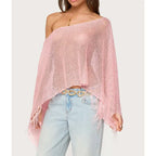 Crochet Cover Up With Tassel Hem Loose Fit Hollow Out See Through Off Shoulder Knit Top