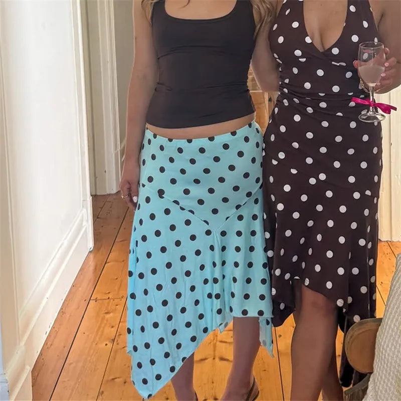 Retro Polka Dot Asymmetrical Midi Skirt With High Waist Flowy A-Line