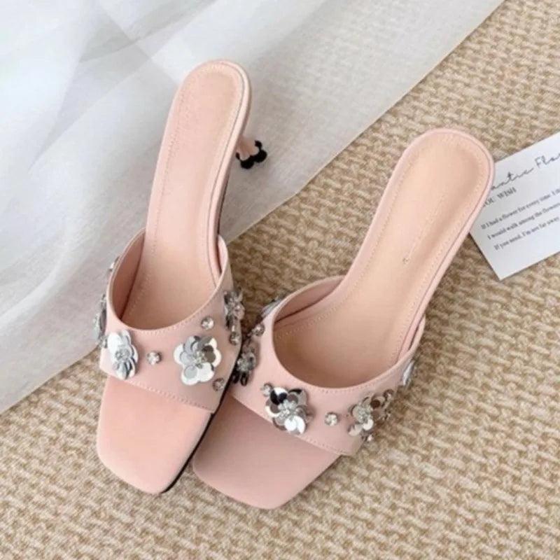 Women's Non-slip Stiletto Satin Rhinestone Square-toe High-heeled Slippers