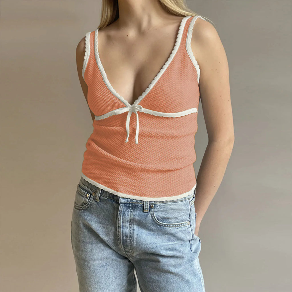 Backless Lace Up Crop Tank Top With V Neck