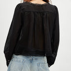 Dreamy Lace Patchwork Sheer Long Sleeve Blouse With Square Neck And Tie Front Crop Top