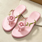 Pink Satin Flower Decorated Flip Flops For Women Comfortable Split Toe Sandals