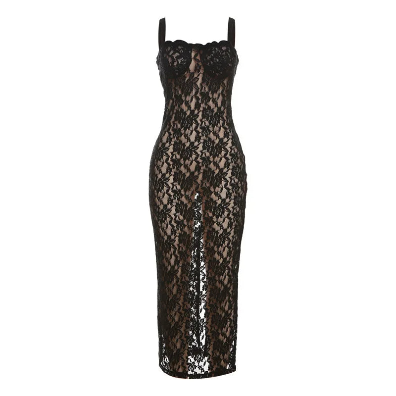 Sexy Lace Black Maxi Dress Nightclub Bodycon Silhouette