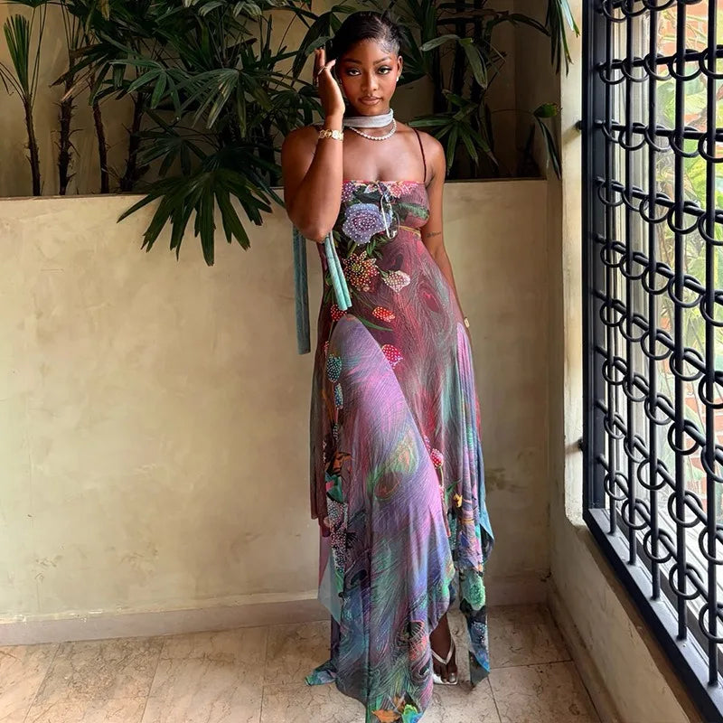 Floral Halter Maxi Set With Backless Design