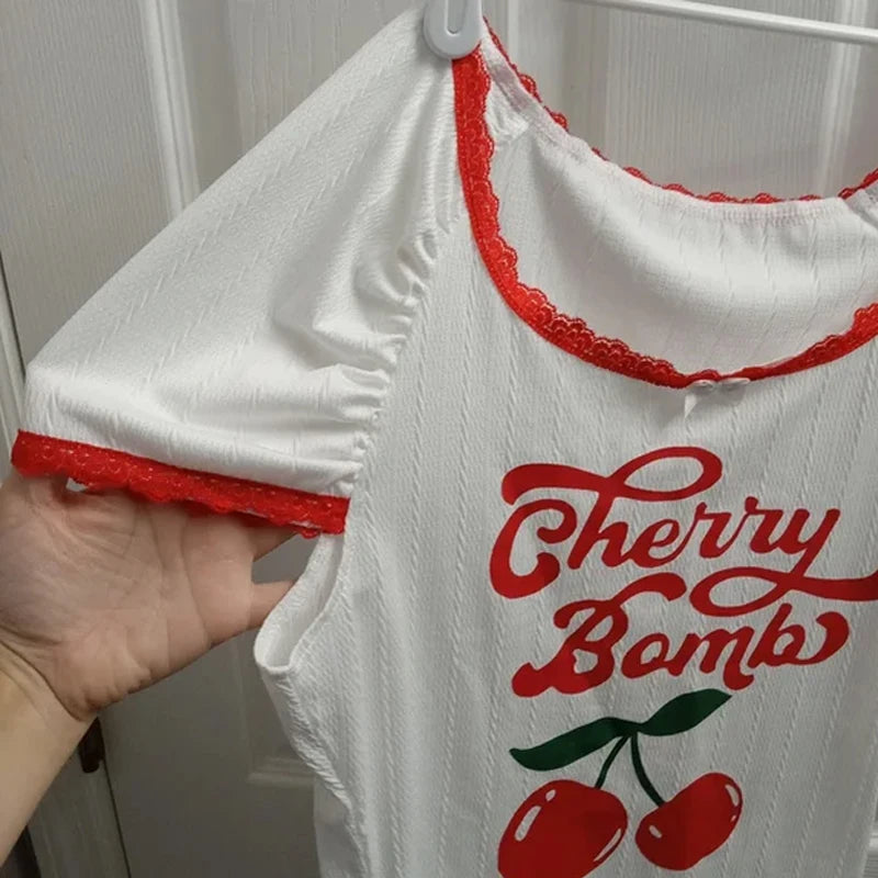 Cherry Print Lace Trim Crop Top