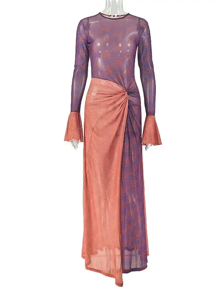 Vivid Patchwork See Through Dress With Flare Sleeves And Side Split