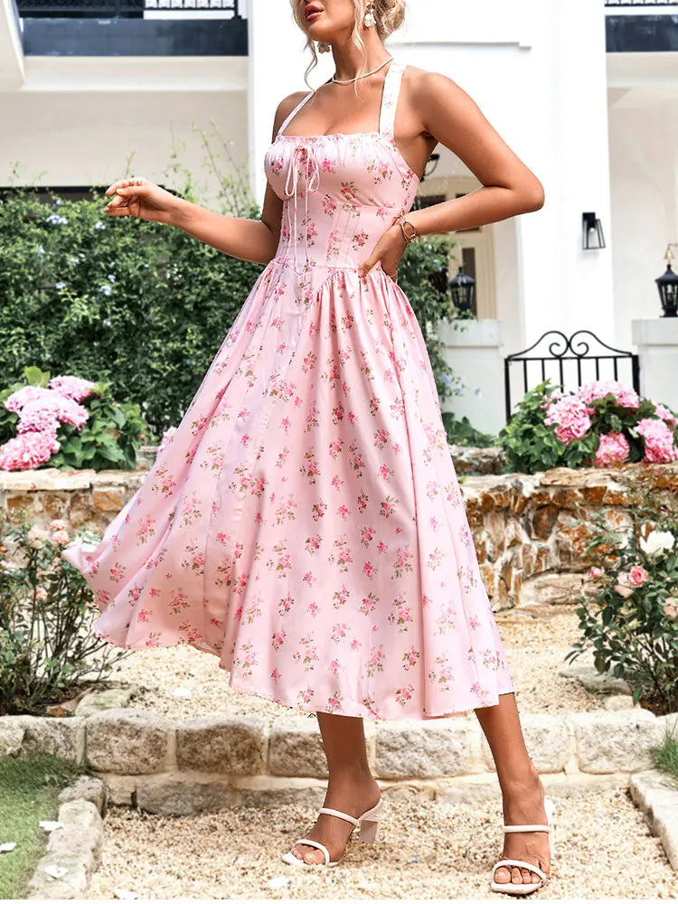 Floral Halter Midi Dress With Spaghetti Straps, Backless Corset Waist Tie Up Detail