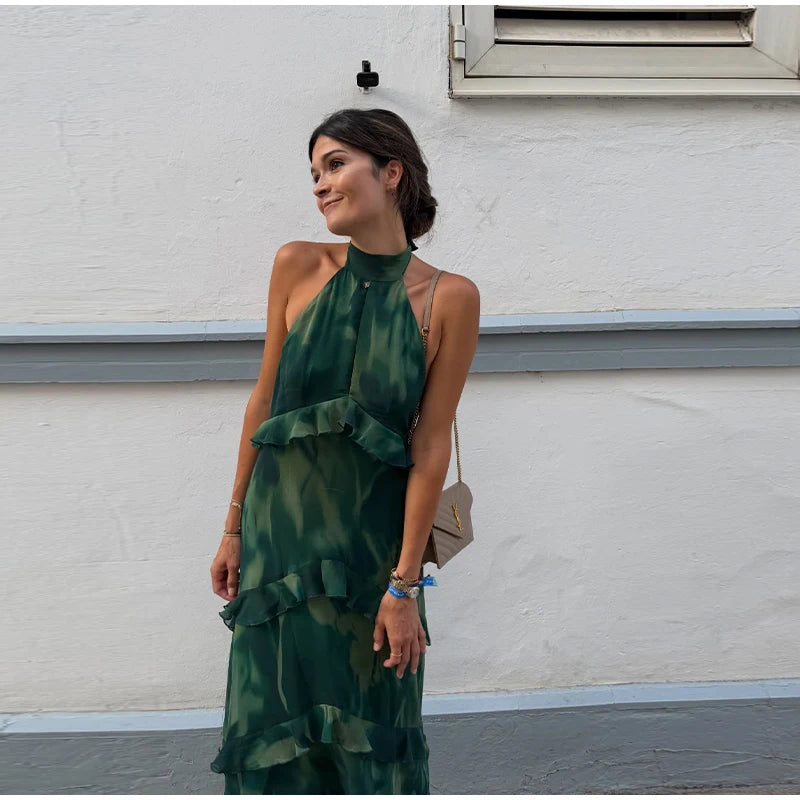 Boho Floral Halter Maxi Dress With Cutout And Tiered Ruffles Sleeveless