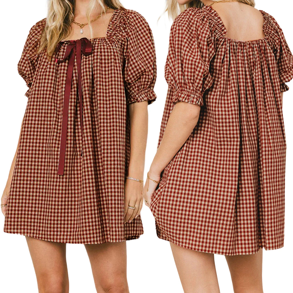 Gingham Babydoll Mini Dress With Puff Sleeves And Bow
