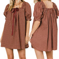 Gingham Babydoll Mini Dress With Puff Sleeves And Bow