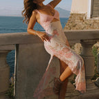 Elegant Backless Halter Dress With Lace And Floral Print High Waist Irregular Split