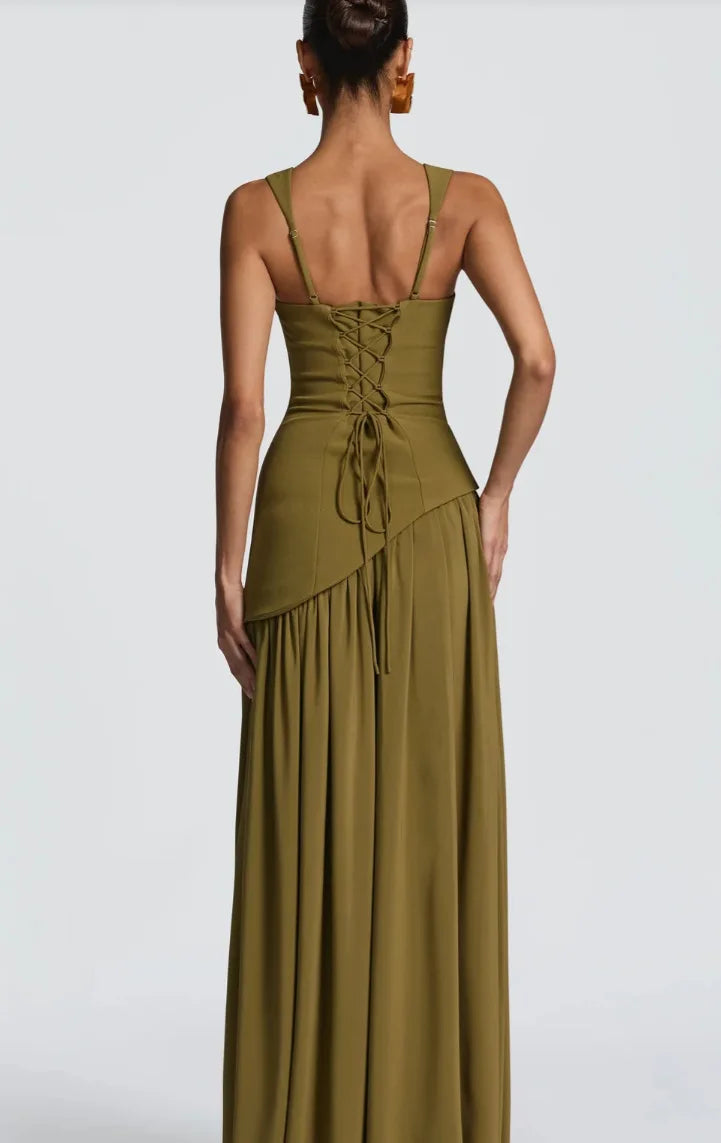 Olive Green Maxi Dress With Scarf Flowy Silhouette