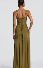 Olive Green Maxi Dress With Scarf Flowy Silhouette