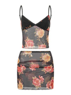 Floral Print Two Piece V Neck Cami Top With Elastic Waist Mini Skirt Set