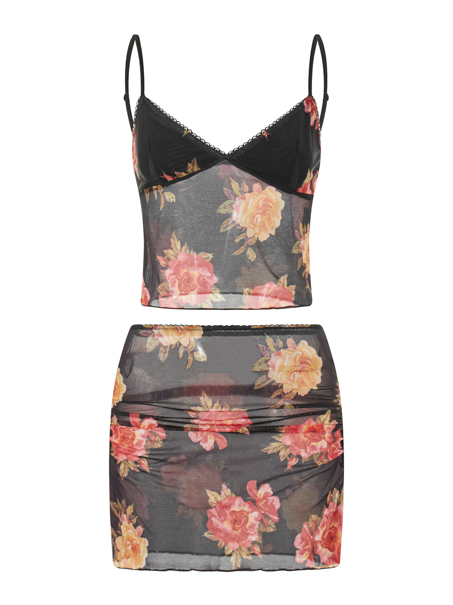 Floral Print Two Piece V Neck Cami Top With Elastic Waist Mini Skirt Set