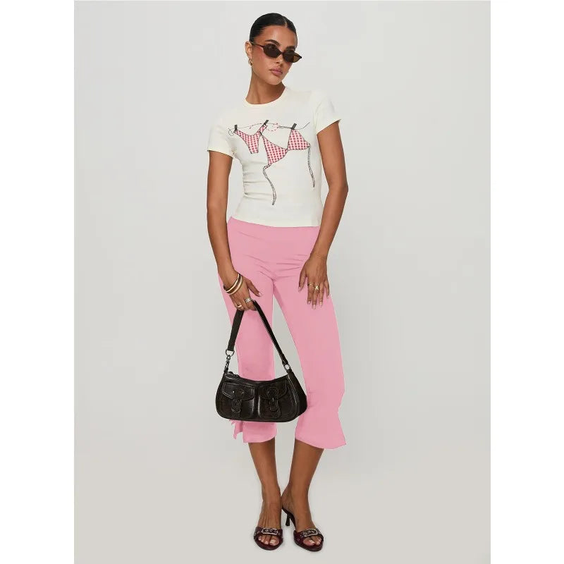 Women's Y2K Cute Capri Pants Solid Color Satin Bow Decor Side Split Summer Slim CroppedTrousers Stretch Crop Leggings