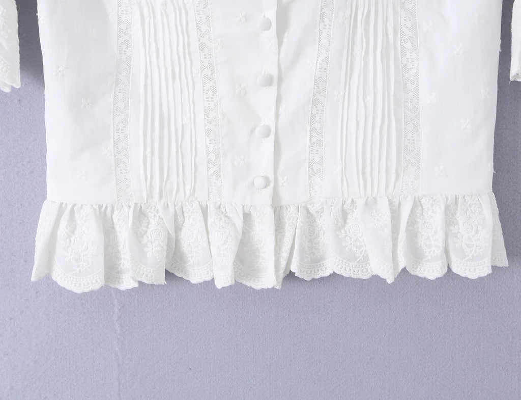 Sweet White Embroidered Floral Crop Shirt With V Neck Puff Sleeves And Ruffle Hem Slim Fit