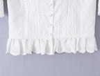 Sweet White Embroidered Floral Crop Shirt With V Neck Puff Sleeves And Ruffle Hem Slim Fit
