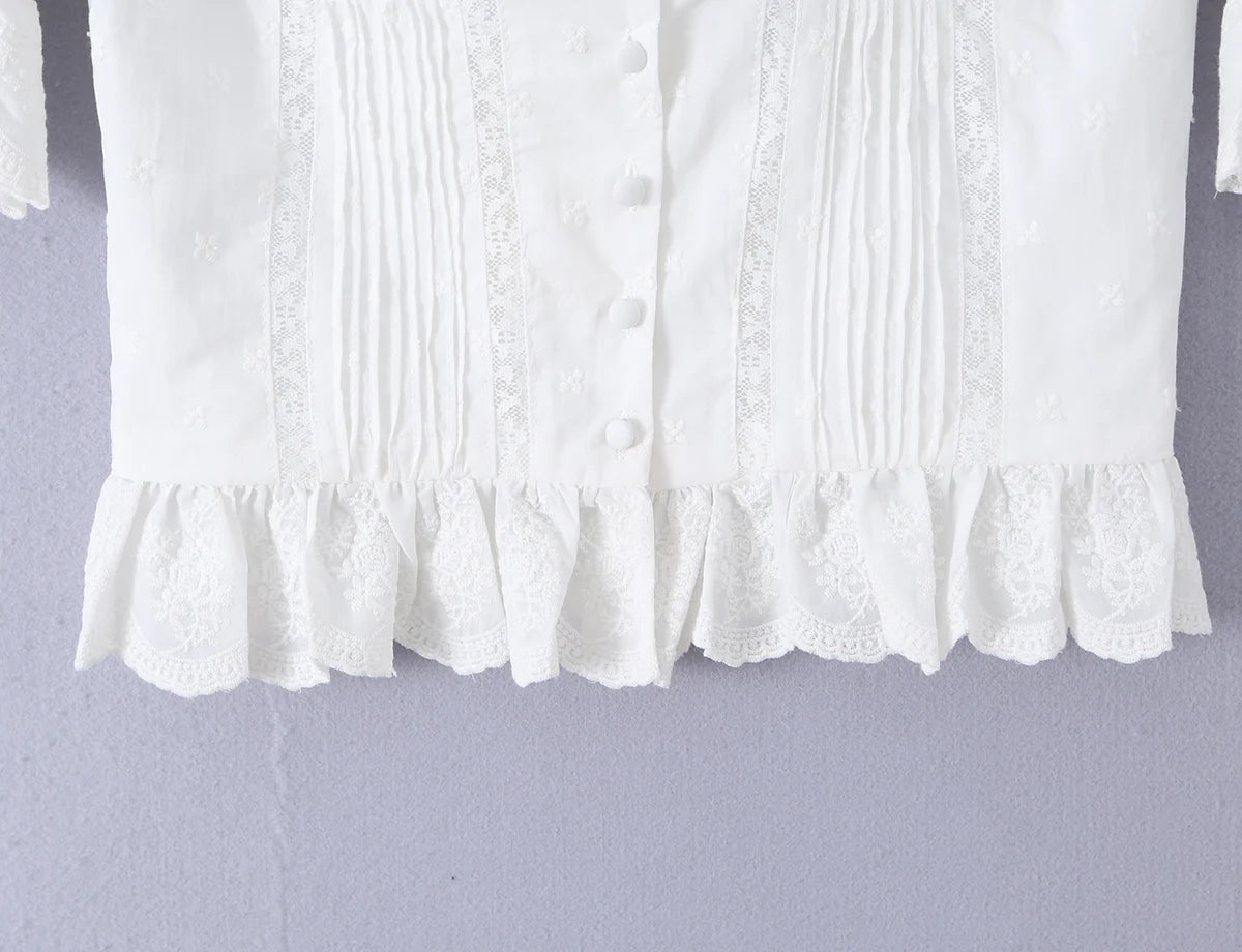 Sweet White Embroidered Floral Crop Shirt With V Neck Puff Sleeves And Ruffle Hem Slim Fit