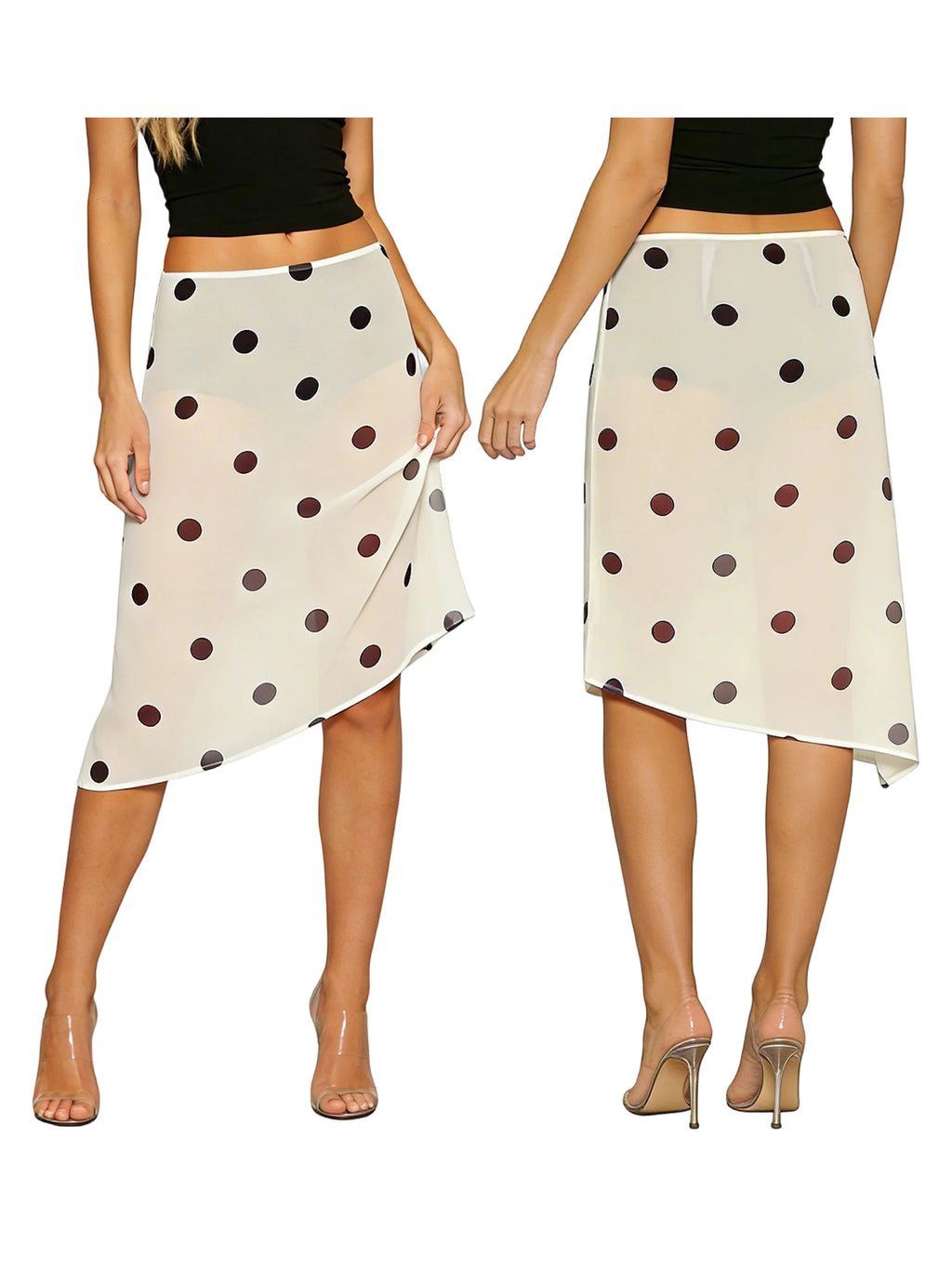 Retro Sheer Chiffon Dot Print Midi Skirt With Asymmetrical Hem