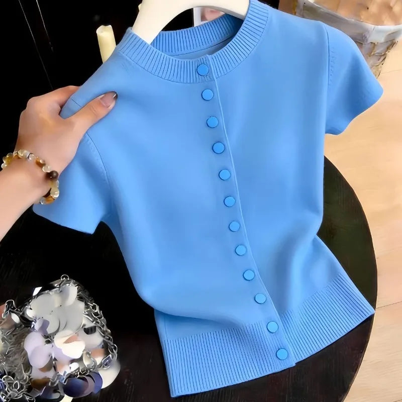 Oceanic Blue Lightweight Knit Cardigan For Women With Breezy Short Sleeves And Loose Fit Layering