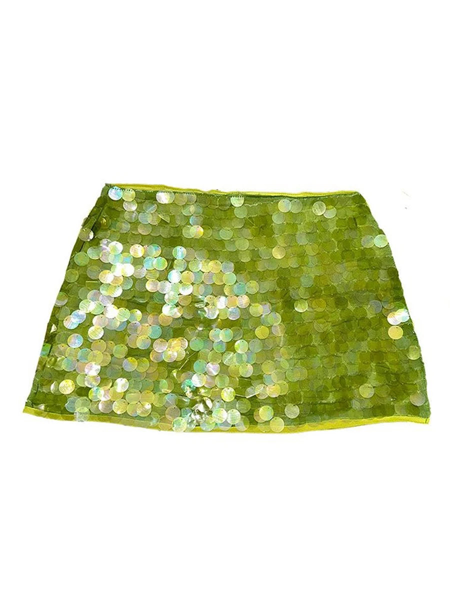 Sequin Side Split Mini Skirt With High Waist And Lace Up Detail