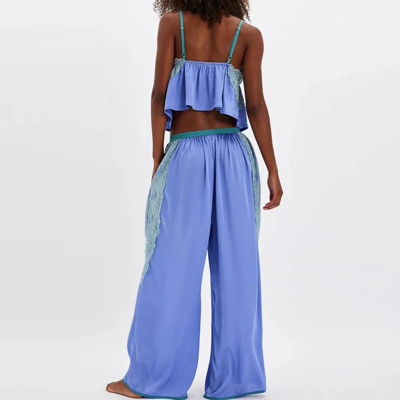 V-neck Sleeveless Top and Pants Outfit Lace Patchwork Women's Two Piece