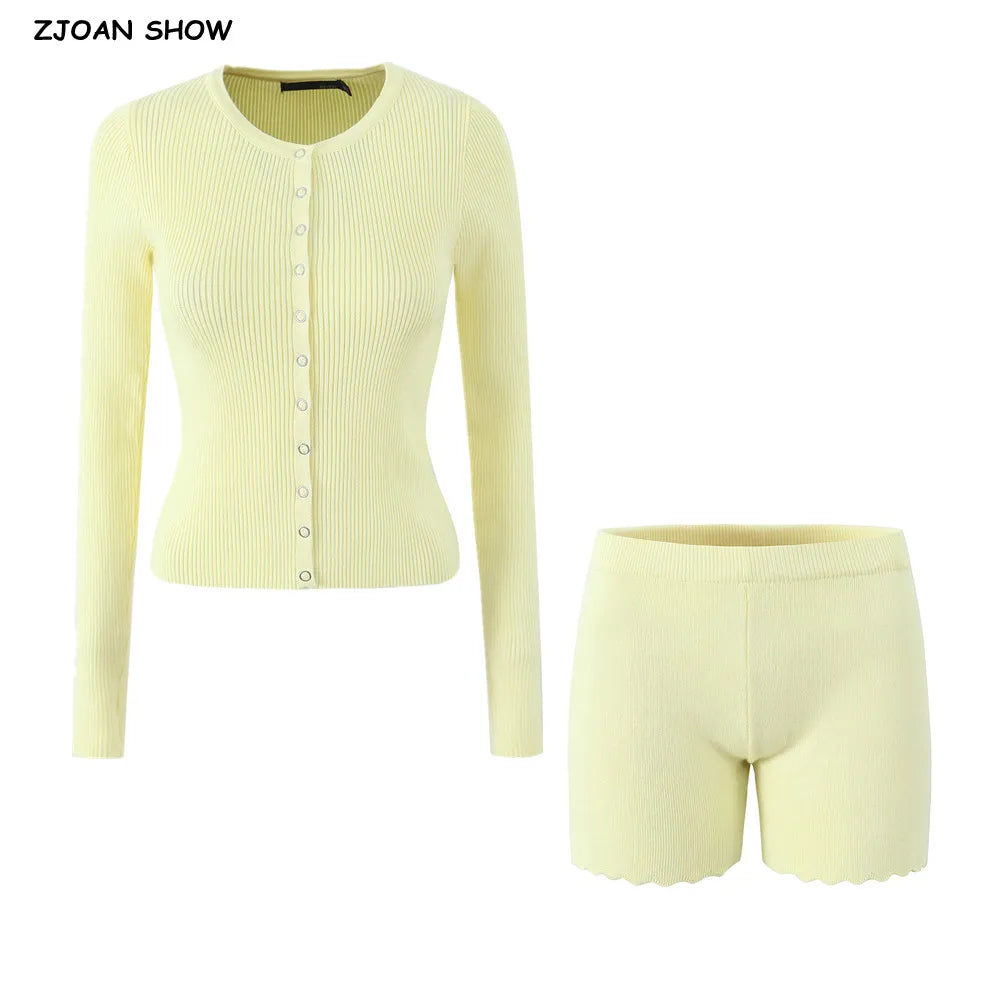 Vintage Two-piece Knit Cardigan And Elastic Waist Shorts Set