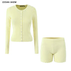 Vintage Two-piece Knit Cardigan And Elastic Waist Shorts Set