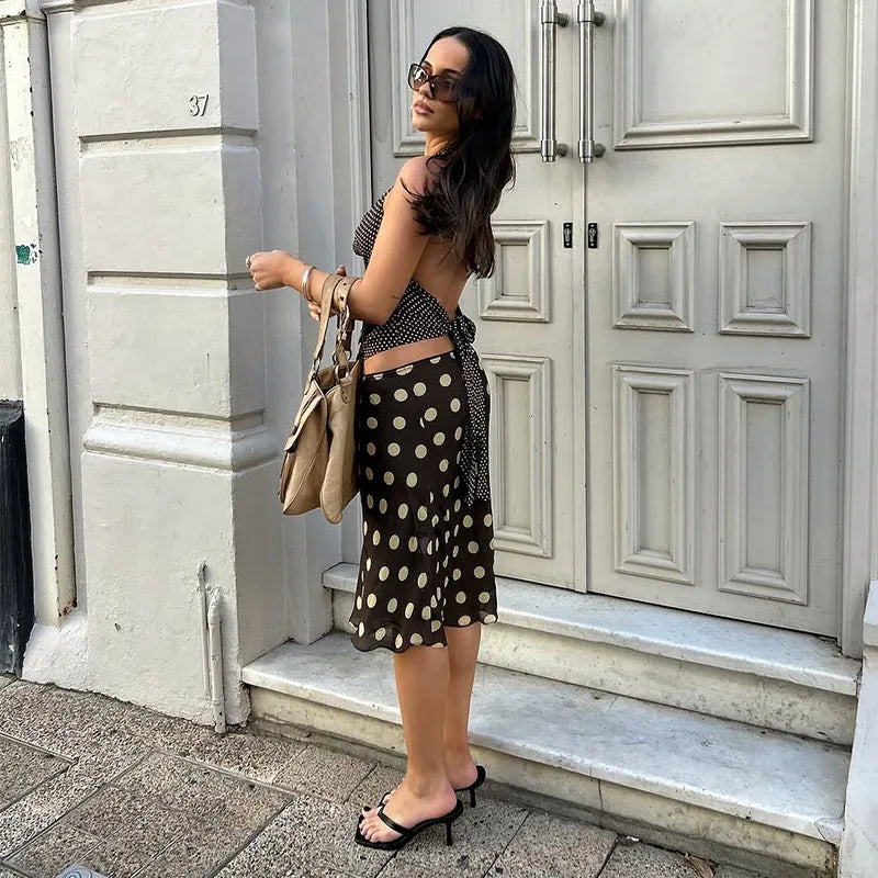Polka Dot Satin Mesh Midi Skirt With High Waist A Line