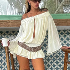 Off Shoulder Chiffon Romper Women Long Bell Sleeve Keyhole Front Lace Trim Ruffle Hem Shorts Jumpsuit