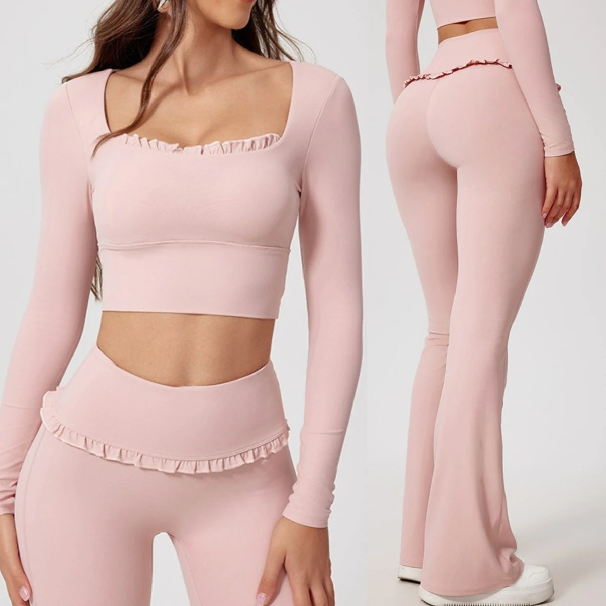 Women Shirts Long Sleeve for Yoga Crop Top Square Neck Workout Clothing with Chest Pads Fitness