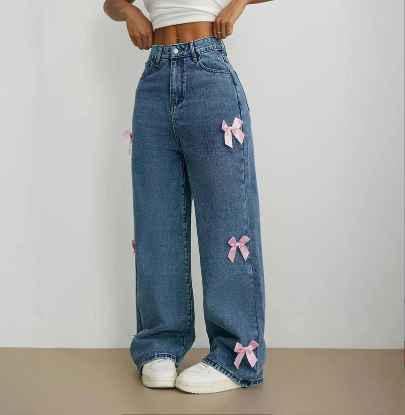Street Chic Bowknot Denim Jeans With Loose Straight Wide Leg Silhouette In Washed Finish