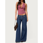 Striped Lace Up Halter Crop Tank With Open Back